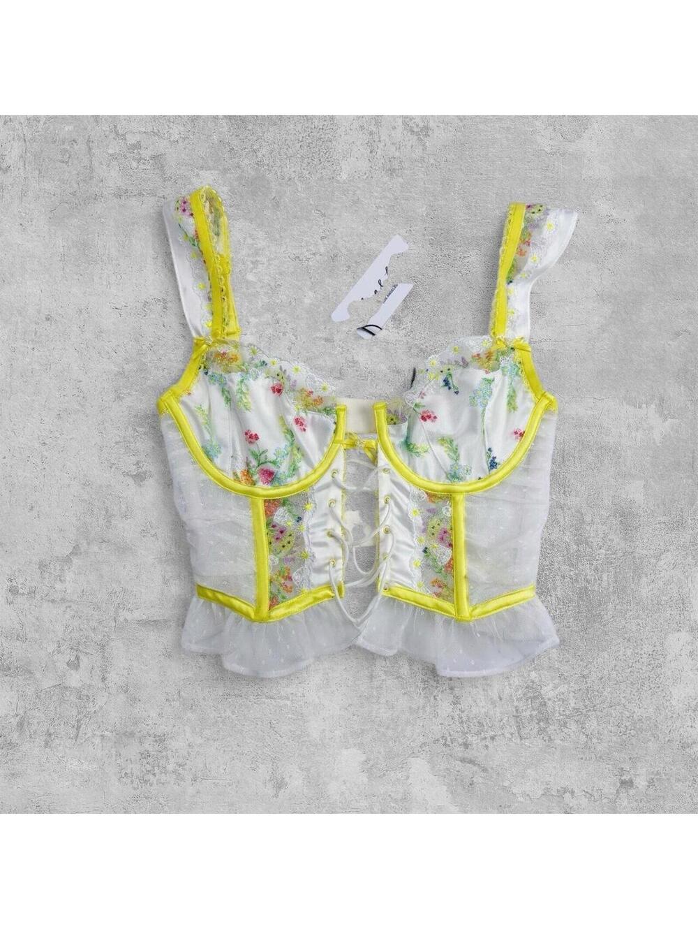 For Love & Lemons Yellow Floral Embroidered Corset Bustier Top NWT Lace Up